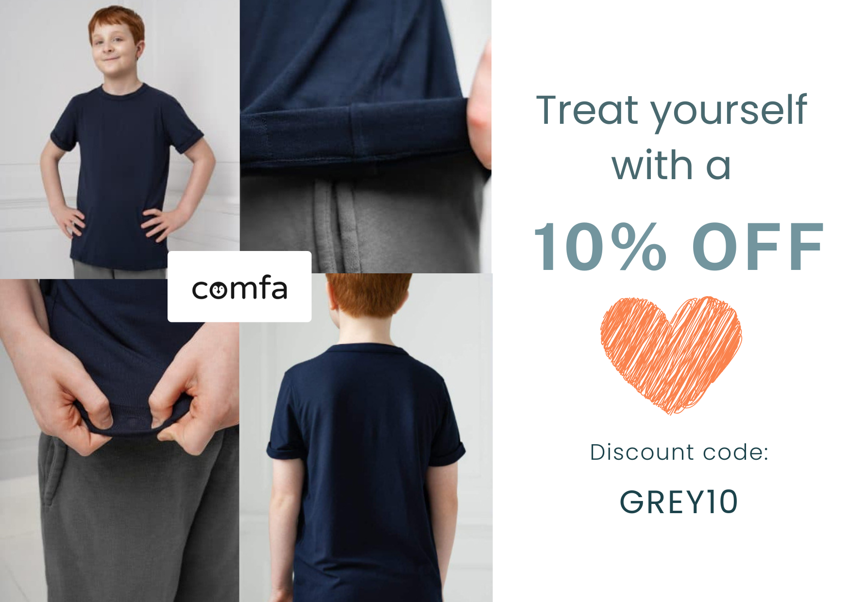 Four images of Comfa t-shirts and their logo with GREY10 as the 10% off code. 